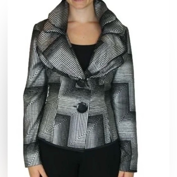 Joseph Ribkoff Jackets & Blazers - Joseph Ribkoff‎ Chevron Black & Silver Tiered High Collar Peplum Jacket SZ 6
